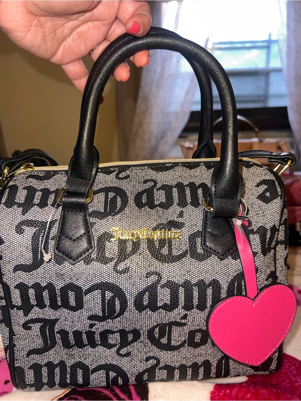Juicy Couture Black Logo Canvas Satchel with Hot Pink Heart Charm